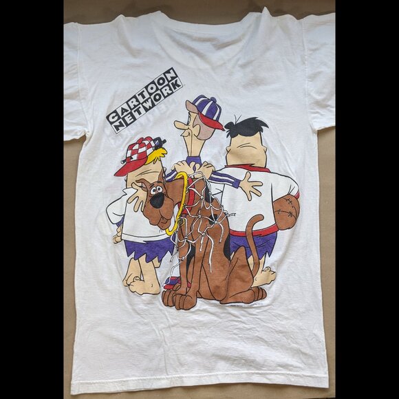 Vintage Cartoon Network T-Shirt AOP Flintstones Scooby Jetson Double-Sided 90s S - Picture 2 of 9